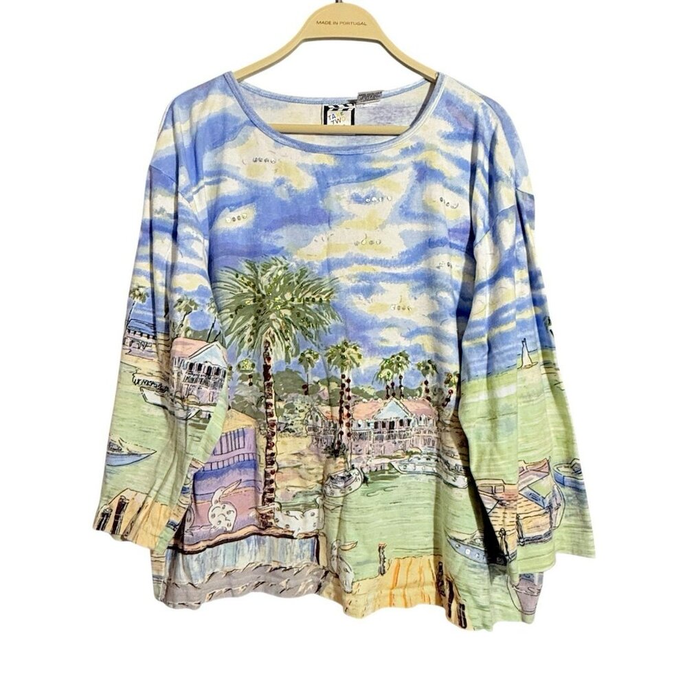 Take Two Top Tshirt Women Size 2X Sequined Holiday Florida Island Sea Ocean Boho